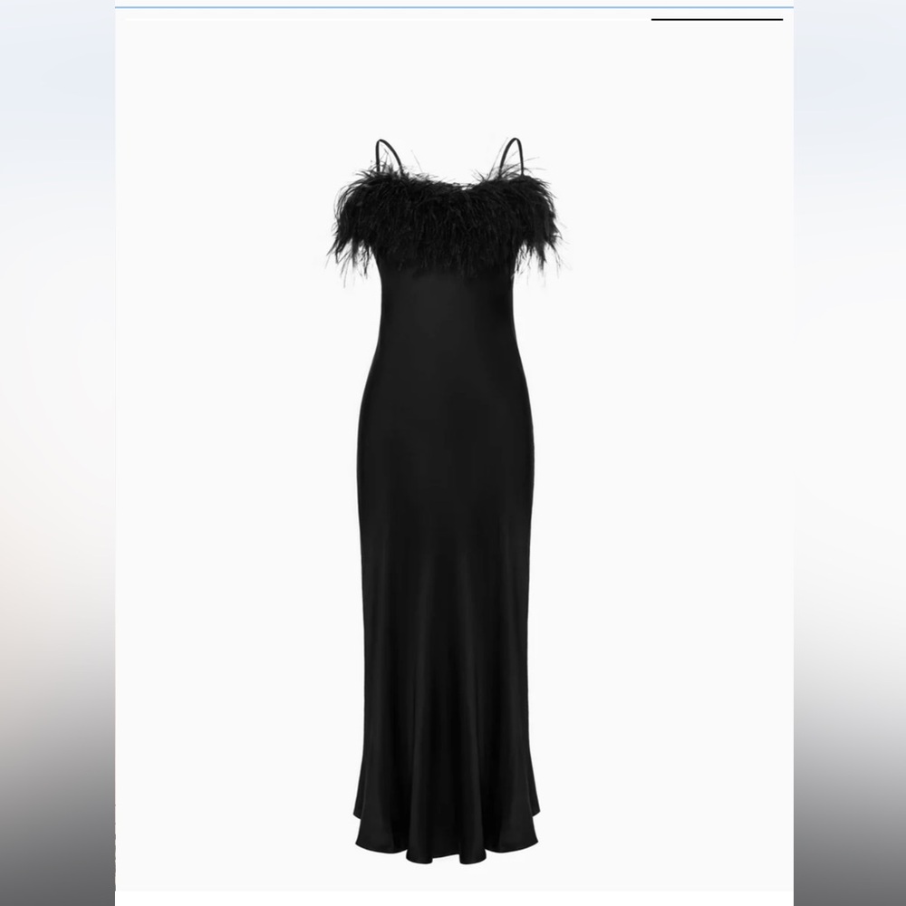 NWT Sleeper black spaghetti strap dress with feather trim, size S